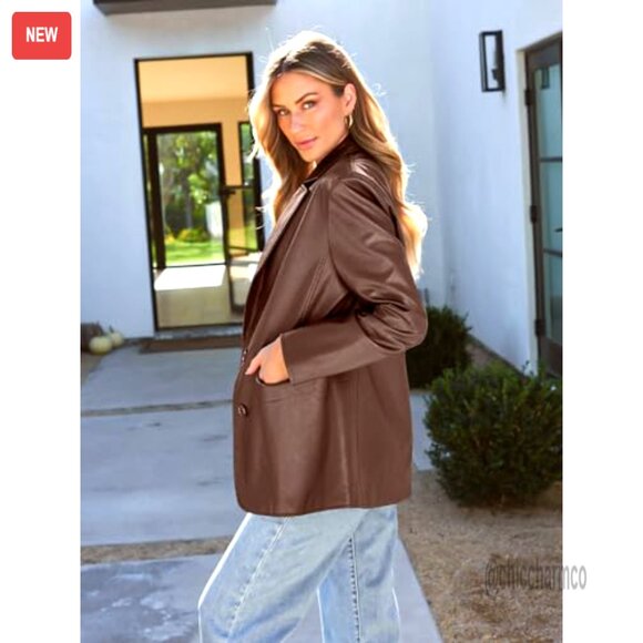 Oversized Faux Leather Motorcycle Jacket Y2K Punk Biker Bomber Coat Fall Winter - Picture 3 of 6